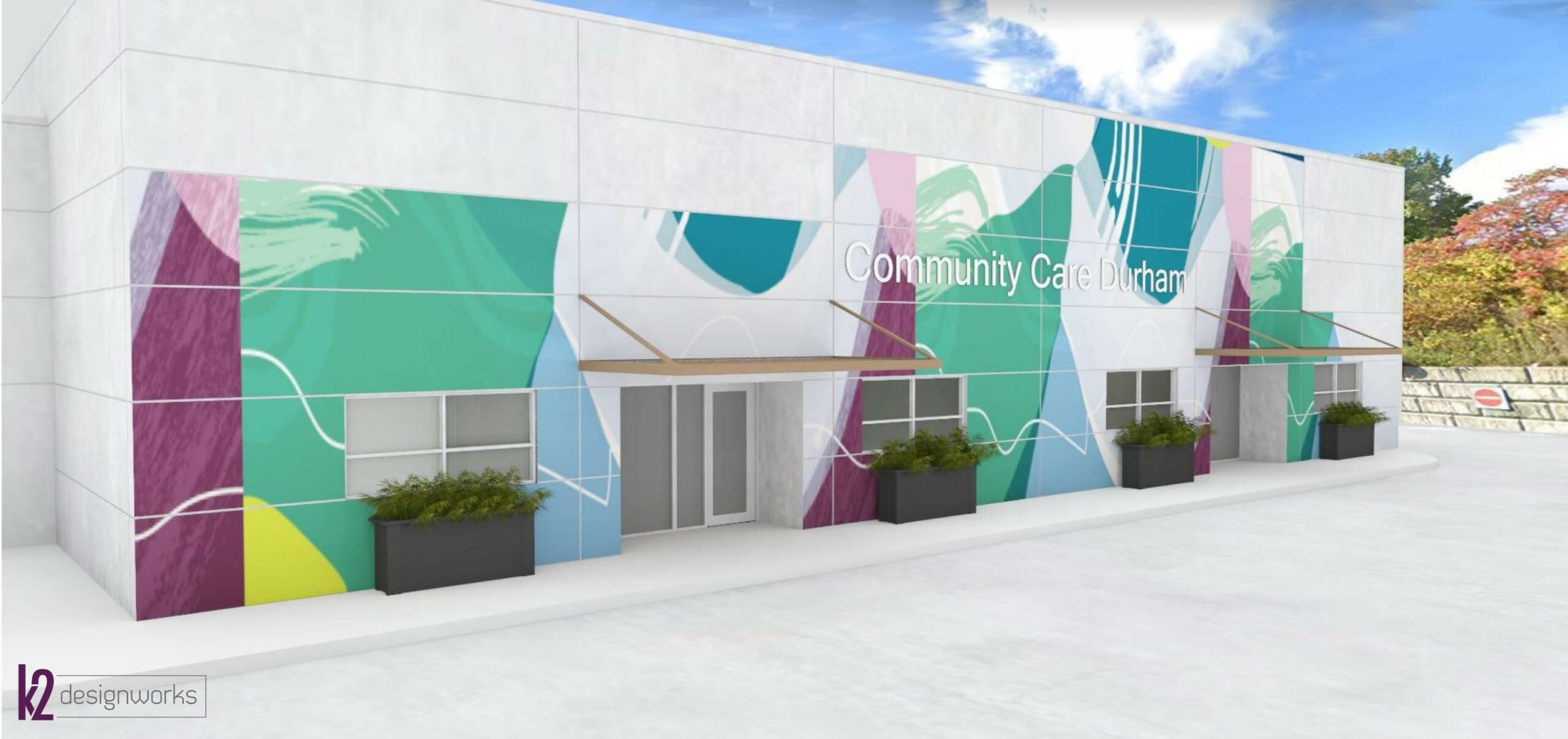 Exterior rendering of the updated Health and Wellness Community Hub entrance. Rendering done by k2 designworks.