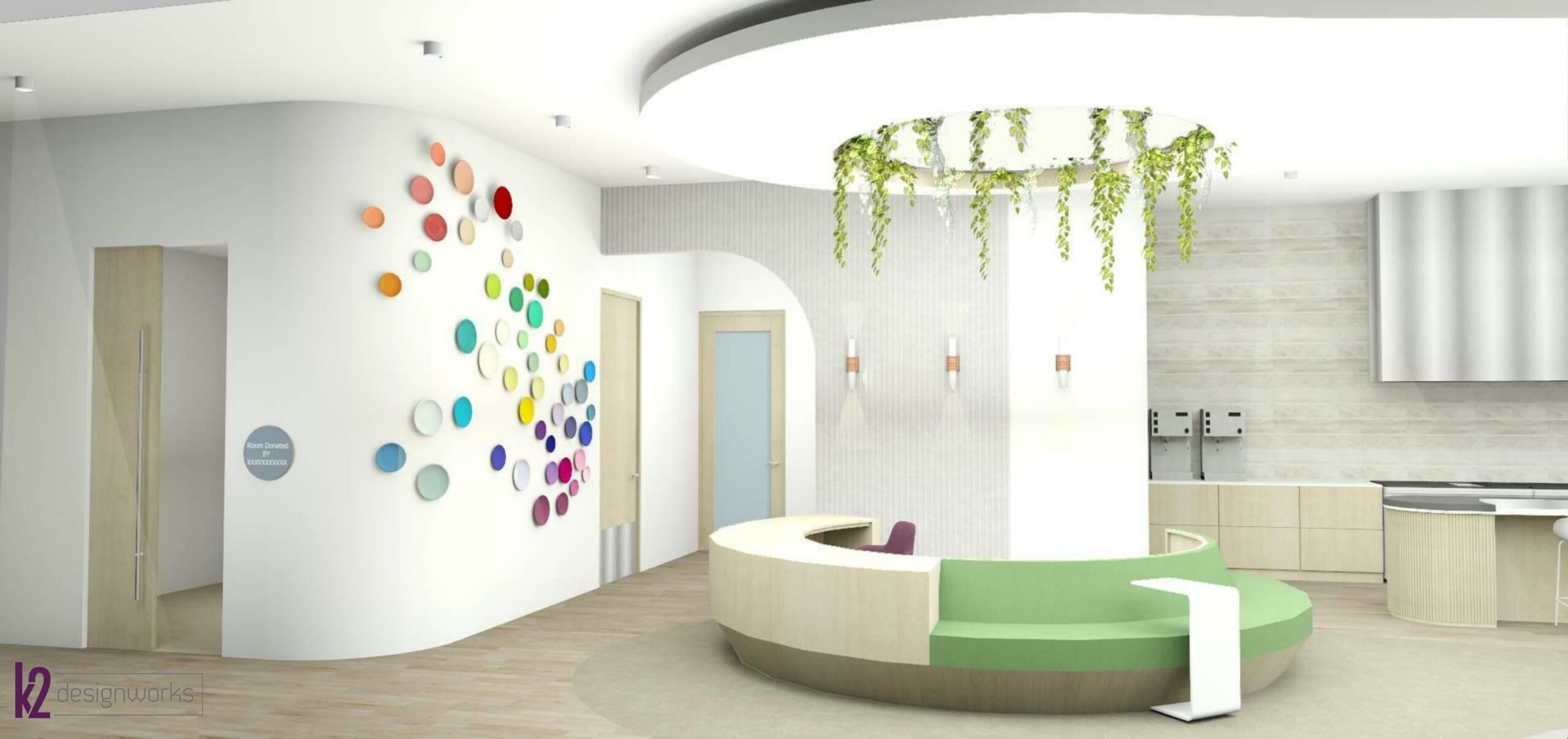 Interior rendering of the updated reception area. Rendering done by k2 designworks.
