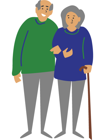 Graphic of elderly man and lady locking arms.