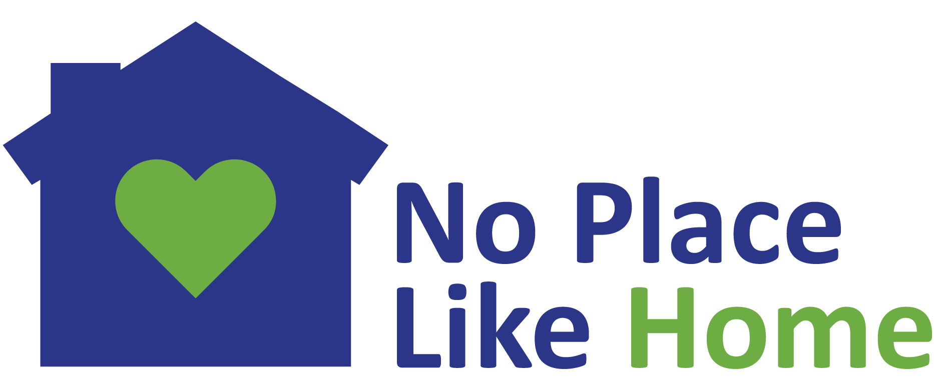 No Place Like Home Logo Blue house silhouette to the left with green heart in the center with No Place Like Home to the right.