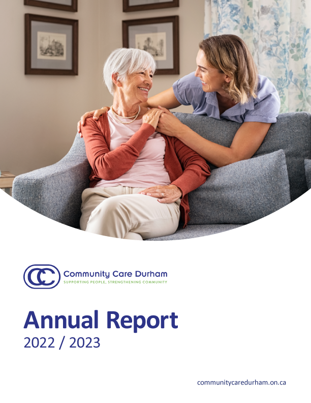 Community Care Durham Annual Report cover showing care worker hugging client on couch.